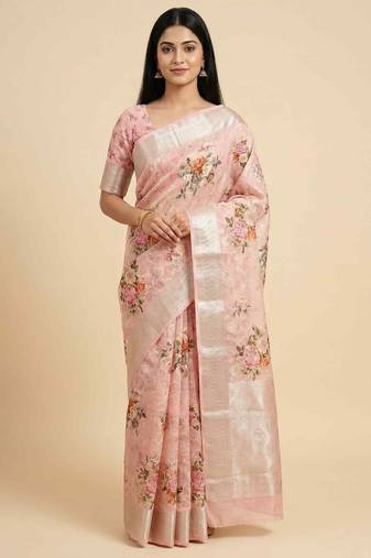 Banarasi digital print cotton silk saree in lightpink  with   zari booti   work
