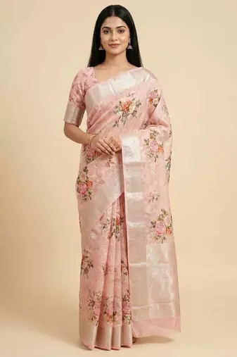 Banarasi digital print cotton silk saree in lightpink  with   zari booti   work