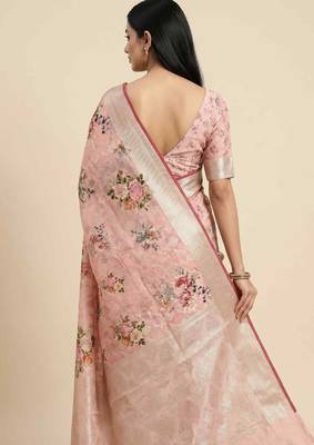 Banarasi digital print cotton silk saree in lightpink  with   zari booti   work 2