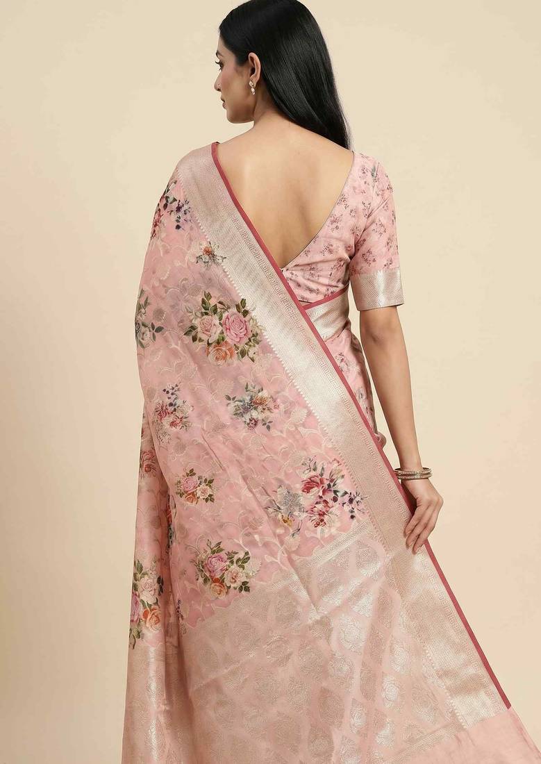 Banarasi digital print cotton silk saree in lightpink  with   zari booti   work