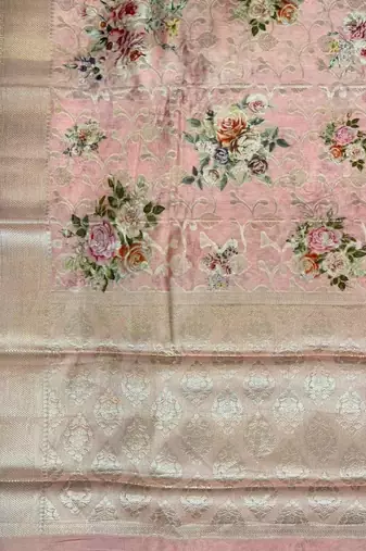 Banarasi digital print cotton silk saree in lightpink  with   zari booti   work