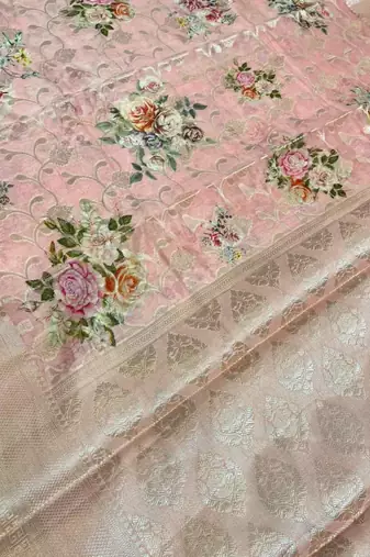 Banarasi digital print cotton silk saree in lightpink  with   zari booti   work