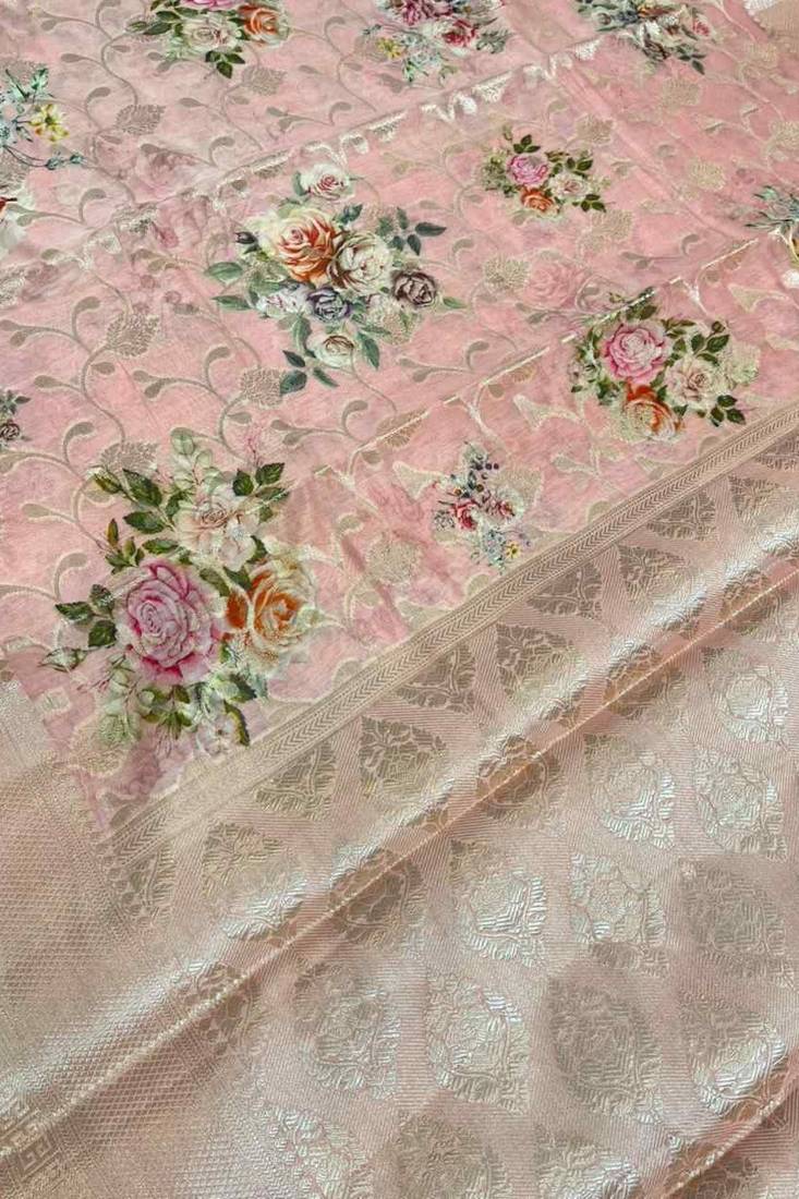 Banarasi digital print cotton silk saree in lightpink  with   zari booti   work