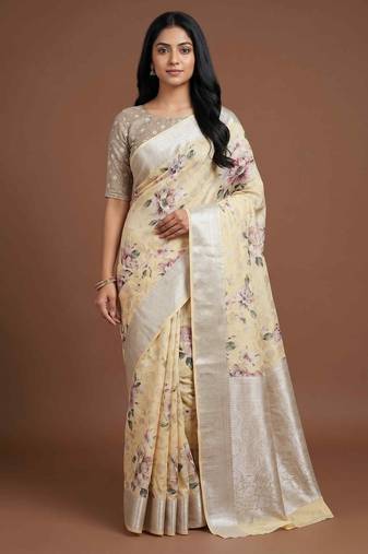 Banarasi digital print cotton silk saree in lightyellow with  zari booti   work
