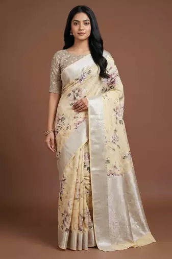 Banarasi digital print cotton silk saree in lightyellow with  zari booti   work