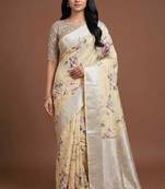 Banarasi digital print cotton silk saree in lightyellow with  zari booti   work