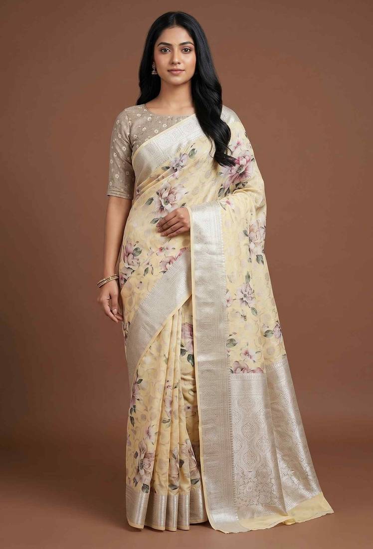 Banarasi digital print cotton silk saree in lightyellow with  zari booti   work