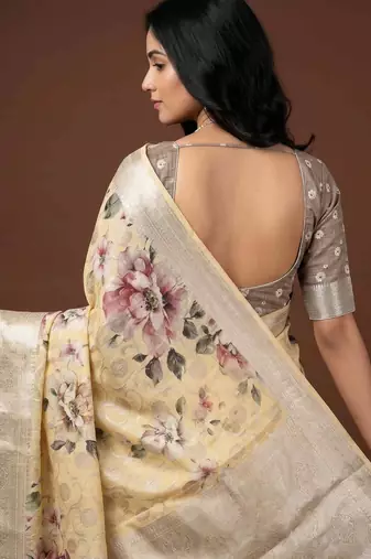 Banarasi digital print cotton silk saree in lightyellow with  zari booti   work