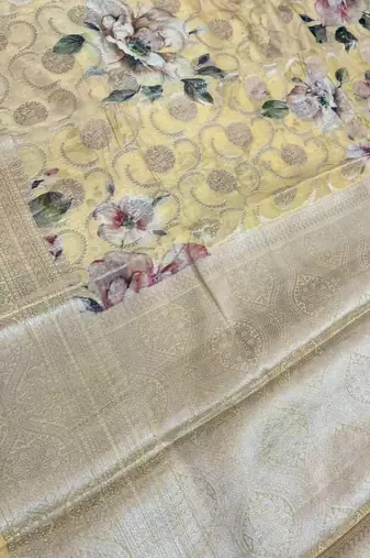 Banarasi digital print cotton silk saree in lightyellow with  zari booti   work