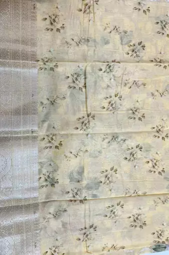 Banarasi digital print cotton silk saree in lightyellow with  zari booti   work