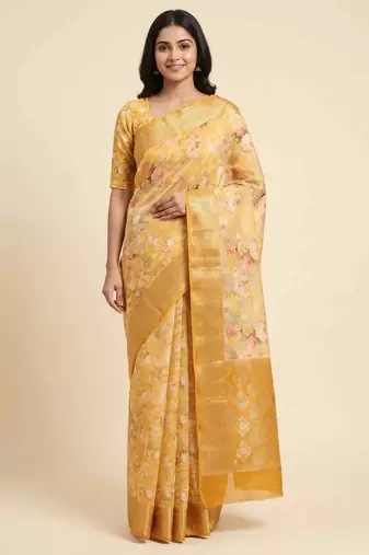 Banarasi digital print cotton silk saree in mustard with   zari booti   work