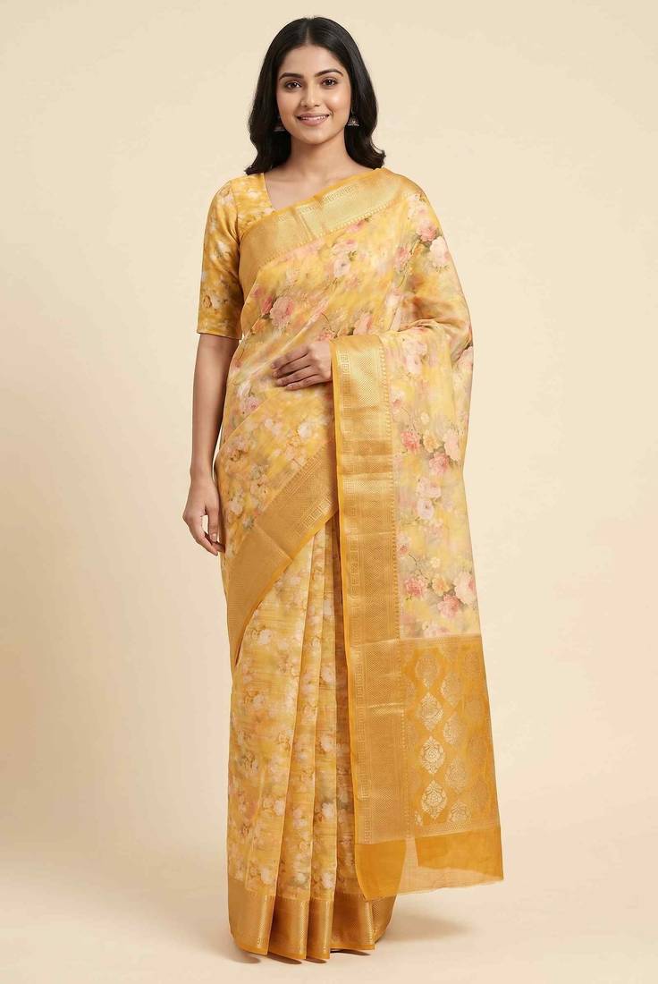 Banarasi digital print cotton silk saree in mustard with   zari booti   work