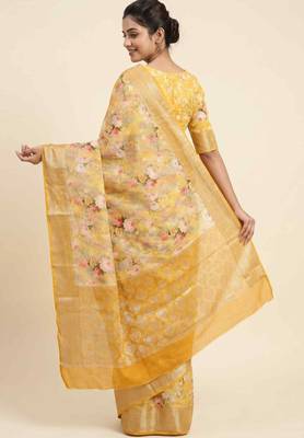 Banarasi digital print cotton silk saree in mustard with   zari booti   work 2