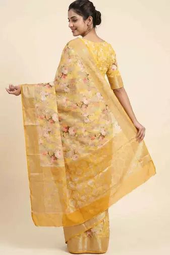 Banarasi digital print cotton silk saree in mustard with   zari booti   work