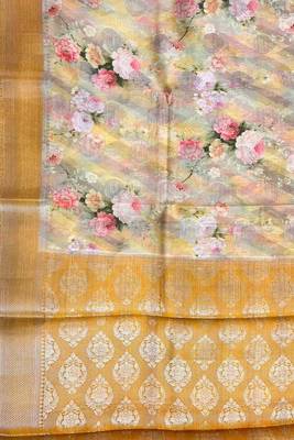 Banarasi digital print cotton silk saree in mustard with   zari booti   work 3