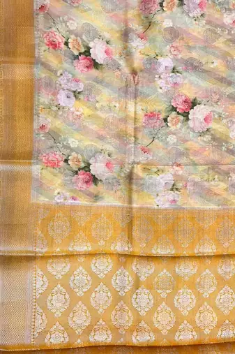 Banarasi digital print cotton silk saree in mustard with   zari booti   work