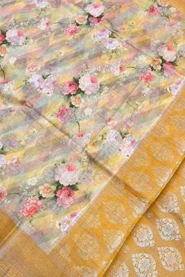 Banarasi digital print cotton silk saree in mustard with   zari booti   work 4
