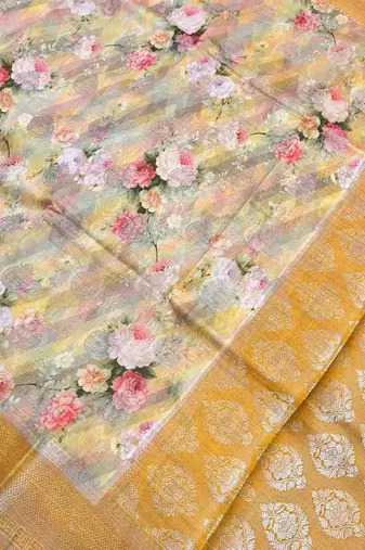 Banarasi digital print cotton silk saree in mustard with   zari booti   work