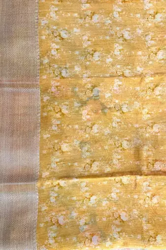 Banarasi digital print cotton silk saree in mustard with   zari booti   work