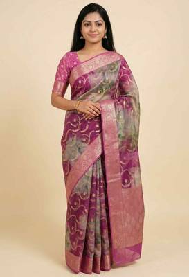 Banarasi digital print cotton silk saree in magenta  with   zari booti   work 1