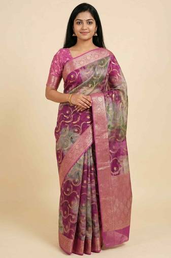Banarasi digital print cotton silk saree in magenta  with   zari booti   work