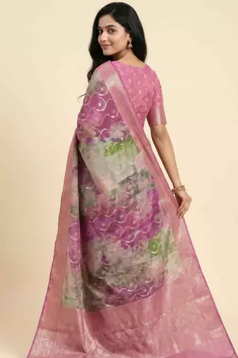 Banarasi digital print cotton silk saree in magenta  with   zari booti   work