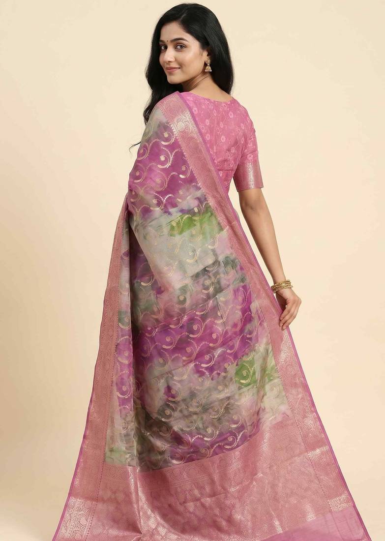 Banarasi digital print cotton silk saree in magenta  with   zari booti   work