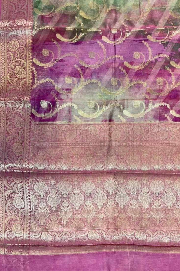 Banarasi digital print cotton silk saree in magenta  with   zari booti   work