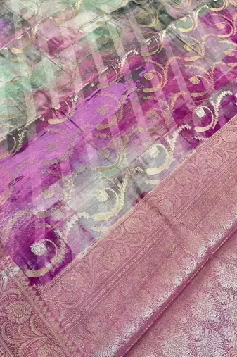 Banarasi digital print cotton silk saree in magenta  with   zari booti   work