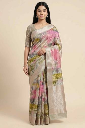 Banarasi digital print cotton silk saree in lightgrey with   zari booti  work