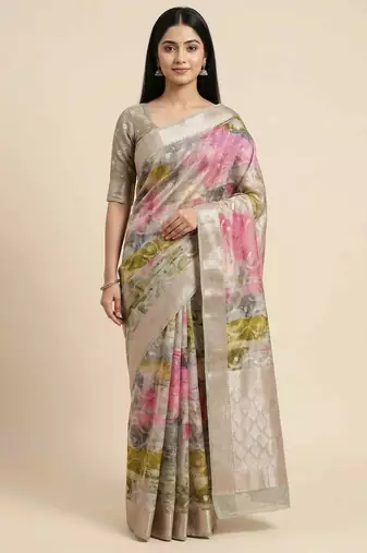 Banarasi digital print cotton silk saree in lightgrey with   zari booti  work