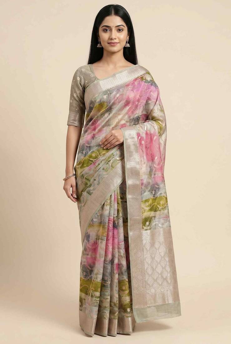 Banarasi digital print cotton silk saree in lightgrey with   zari booti  work