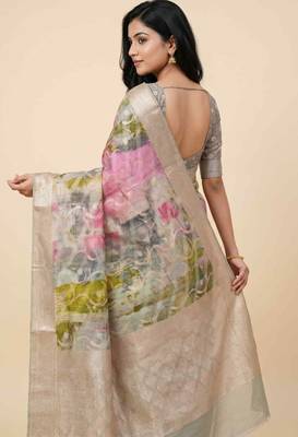 Banarasi digital print cotton silk saree in lightgrey with   zari booti  work 2