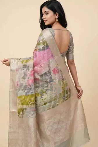 Banarasi digital print cotton silk saree in lightgrey with   zari booti  work