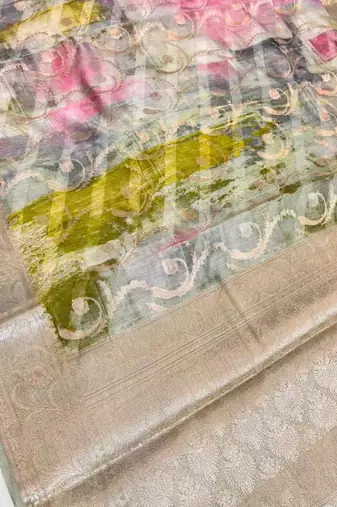 Banarasi digital print cotton silk saree in lightgrey with   zari booti  work
