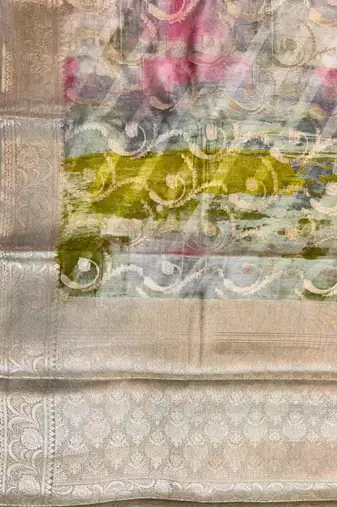 Banarasi digital print cotton silk saree in lightgrey with   zari booti  work
