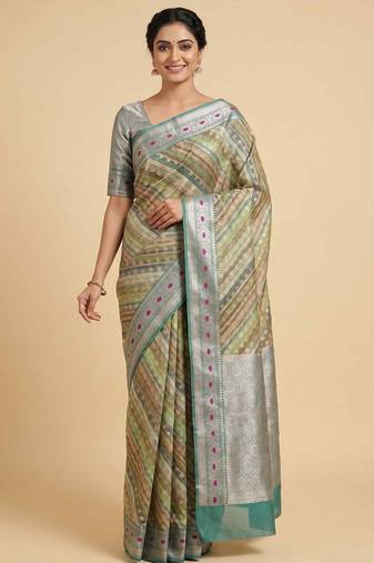 Banarasi digital print cotton silk saree in pistagreen  with red mina zari booti work
