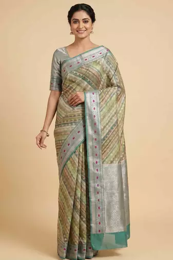 Banarasi digital print cotton silk saree in pistagreen  with red mina zari booti work