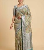 Banarasi digital print cotton silk saree in pistagreen  with red mina zari booti work