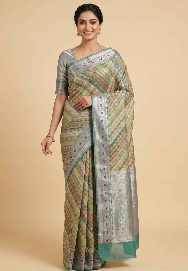Banarasi digital print cotton silk saree in pistagreen  with red mina zari booti work