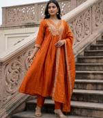 Designer orange embroidered cp vichitra ethnic suit set for women with dupatta
