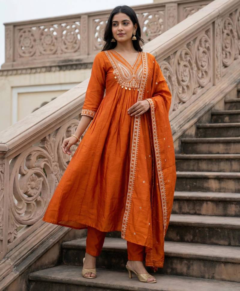 Designer orange embroidered cp vichitra ethnic suit set for women with dupatta