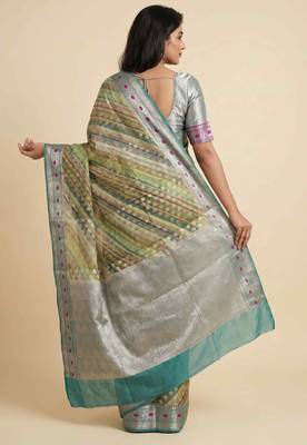 Banarasi digital print cotton silk saree in pistagreen  with red mina zari booti work 2