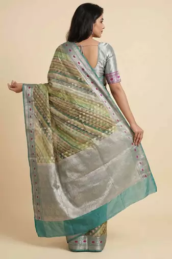 Banarasi digital print cotton silk saree in pistagreen  with red mina zari booti work