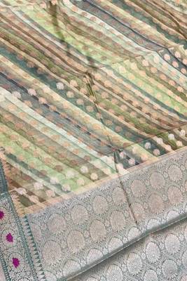 Banarasi digital print cotton silk saree in pistagreen  with red mina zari booti work 3