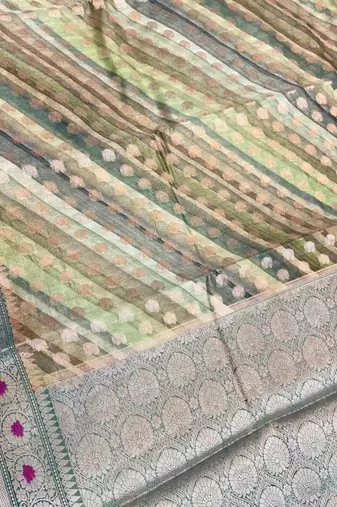Banarasi digital print cotton silk saree in pistagreen  with red mina zari booti work
