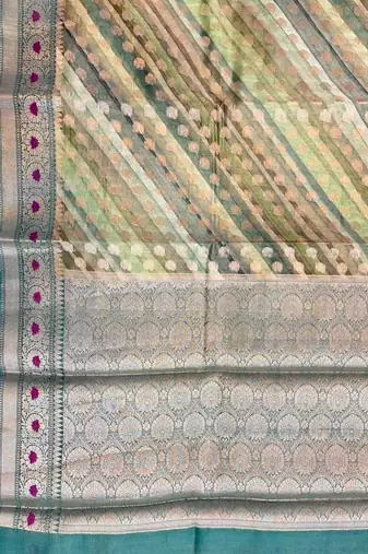 Banarasi digital print cotton silk saree in pistagreen  with red mina zari booti work