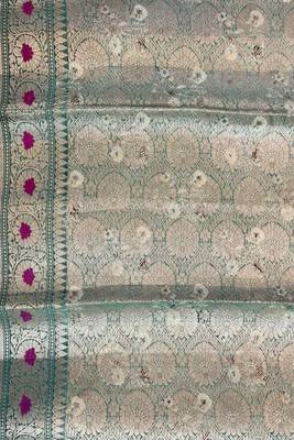 Banarasi digital print cotton silk saree in pistagreen  with red mina zari booti work 5