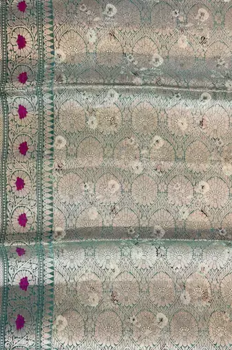 Banarasi digital print cotton silk saree in pistagreen  with red mina zari booti work