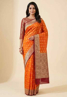 Banarasi cotton silk saree in orange with   zari booti   work 1